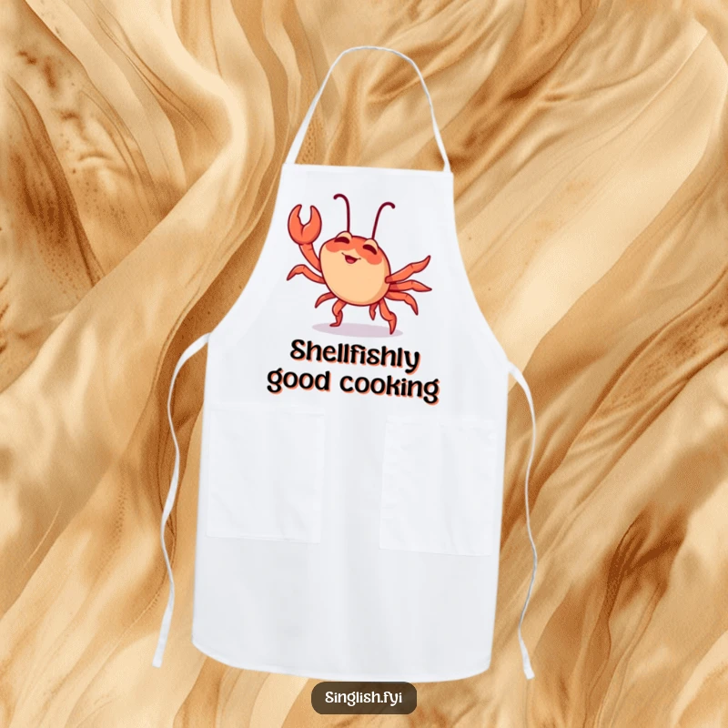 Funny chilli crab apron showing a giggling character comically doing a sideways crab walk while cooking, adding humor to meal prep.