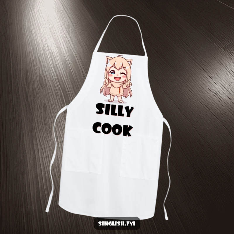 Funny Character Pose Apron: A kitchen apron showing a character in a funny pose with a goofy smile, ideal for cooking.