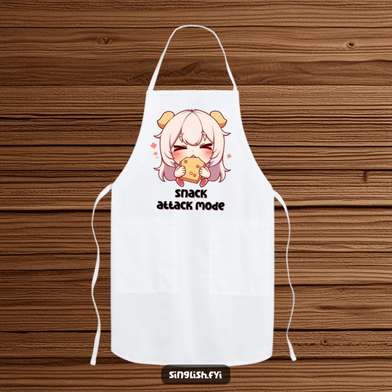 Funny Snack Face Apron: A functional apron featuring a character making a funny face while eating a snack, perfect for kitchen fun.