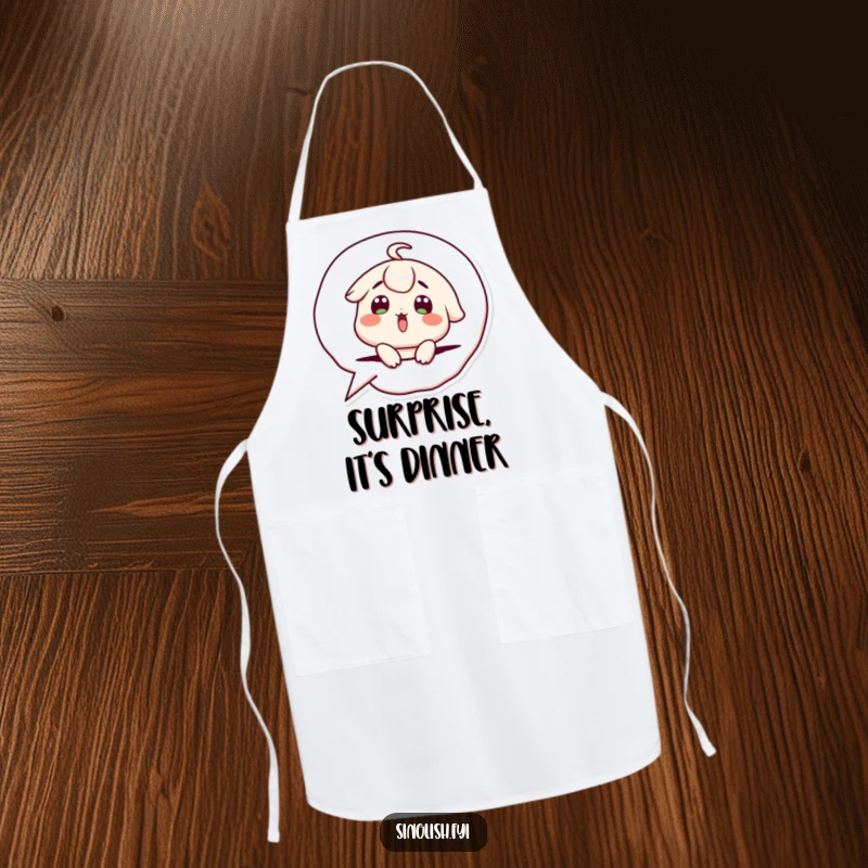 Funny Apron: Cute character with a surprised expression popping out of a speech bubble, a fun kitchen accessory.