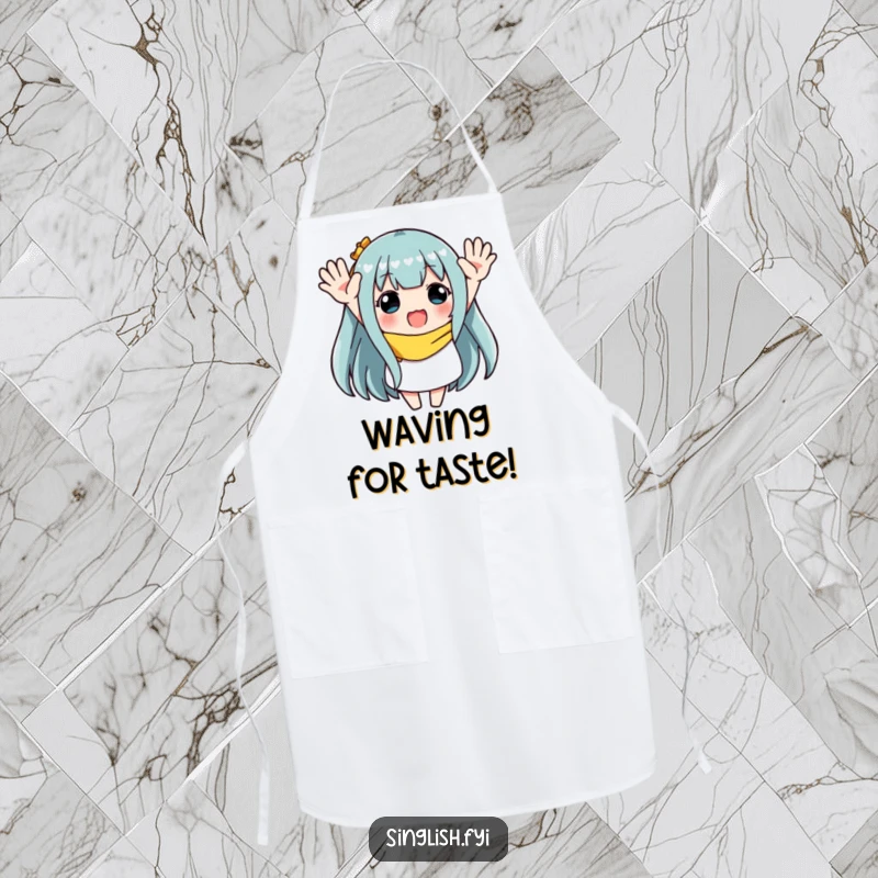 Funny apron with a character enthusiastically waving both hands, ideal for adding festive fun and a celebratory spirit to cooking.