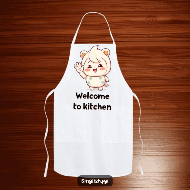 Funny apron showing a character waving hello with a warm, inviting smile, perfect for kitchen use and hosting.