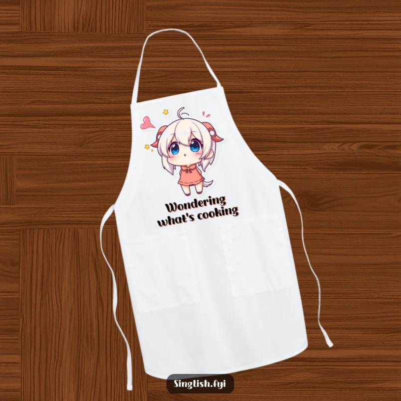 Funny Apron: A character looks up with wonder and excitement while cooking. Humorous and practical.