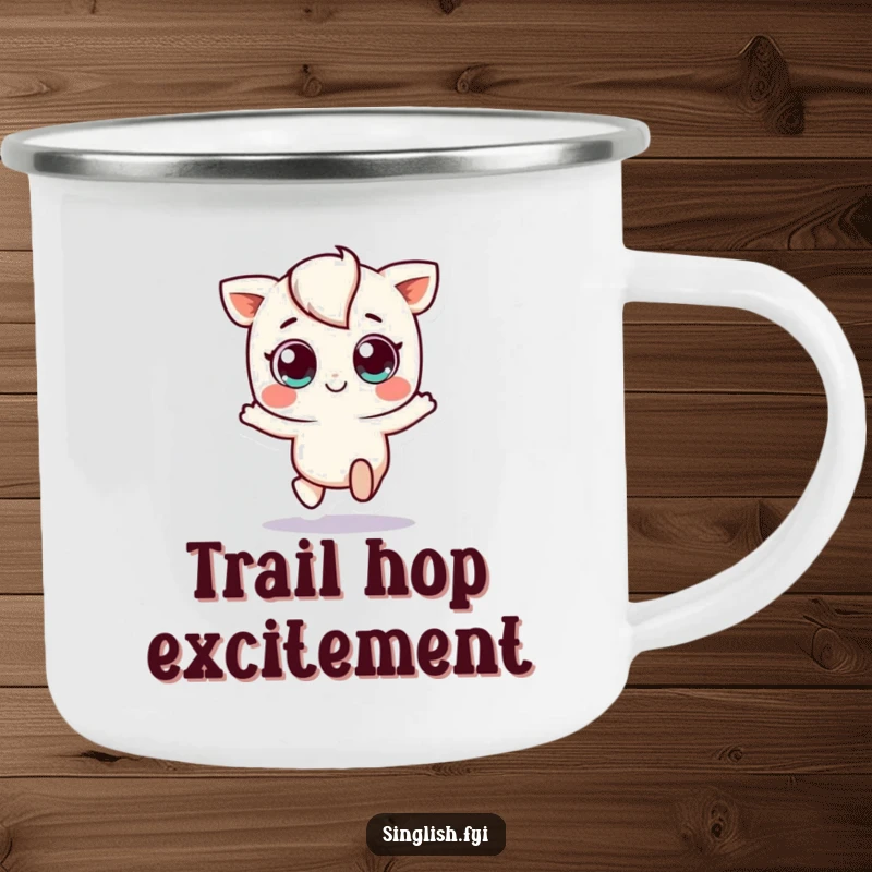 Funny camping mug featuring a small character joyfully hopping, built for adventure and bringing a dose of playful happiness outdoors.