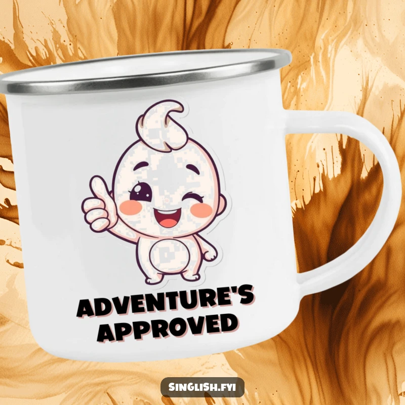 Funny Thumbs Up Camping Mug: A happy character gives a thumbs up and a wink, ready for adventure on this funny enamel mug.