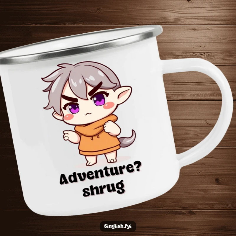 Funny Camping Mug: A character shrugs with a raised eyebrow, ideal for outdoor adventures with a humorous, nonchalant attitude.
