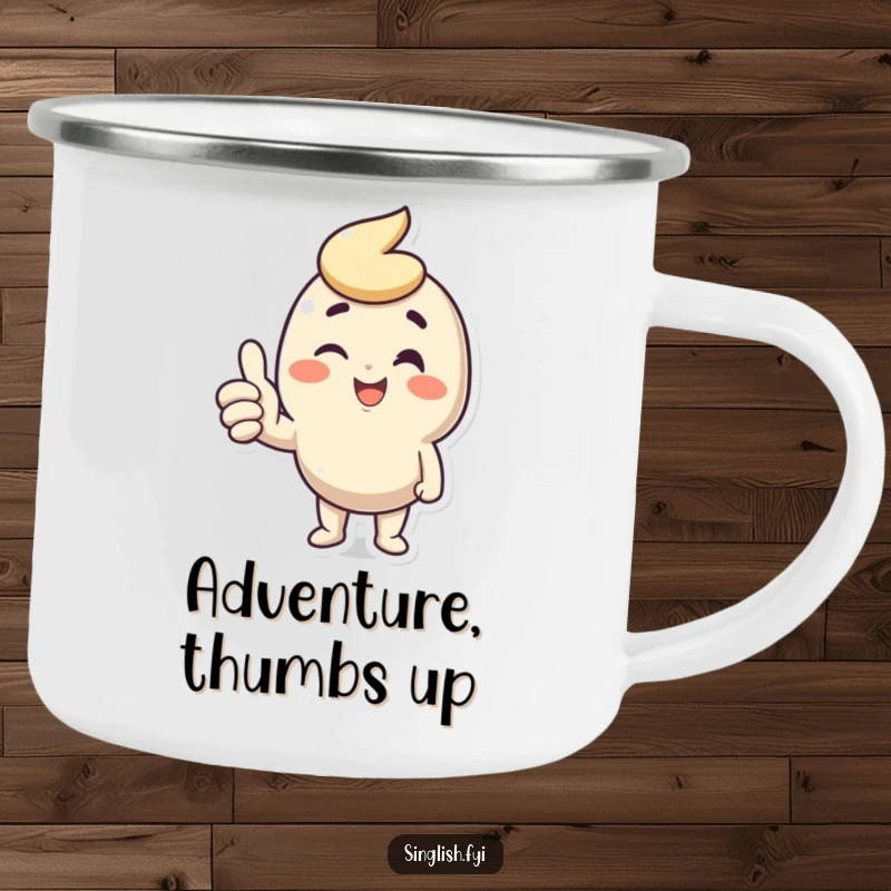 Funny Wink Thumbs Up Camping Mug featuring a character’s optimistic thumbs up and wink, perfect for cheerful outdoor drinking.