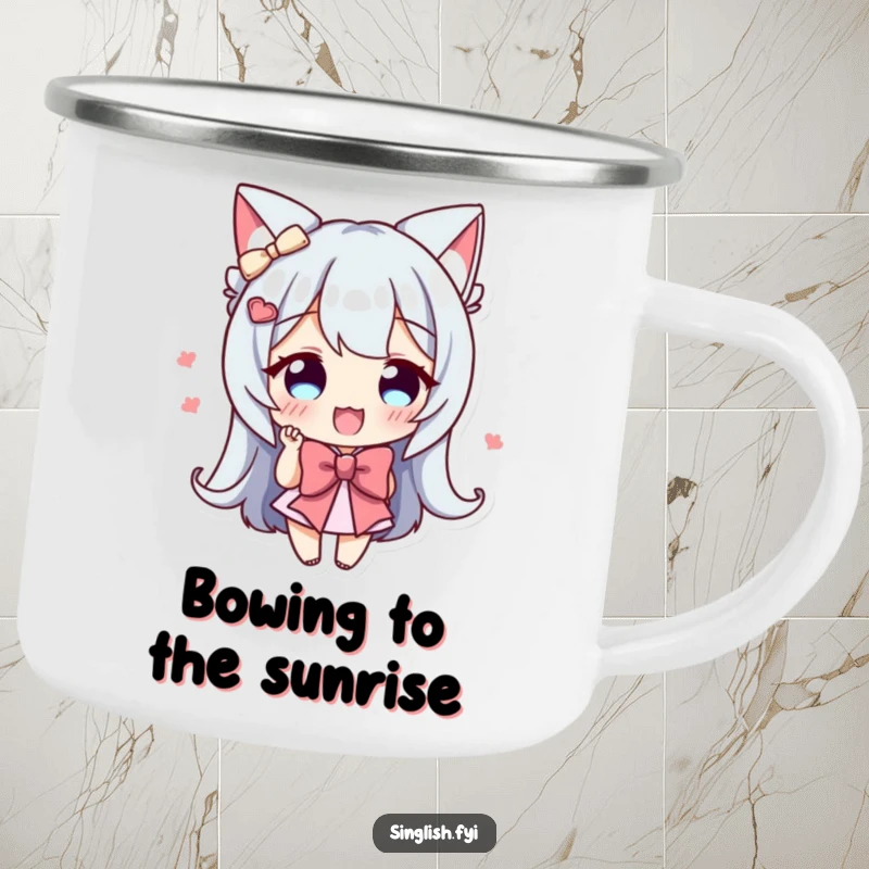 Funny Bowing Character Camping Mug: A character giving an enthusiastic bow, perfect for outdoor drinks with charm.