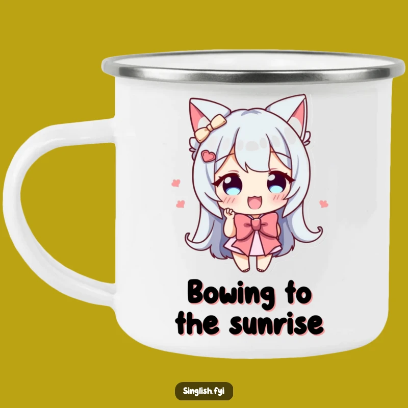 Funny Bowing Character Camping Mug - Enthusiastic Outdoors, Charming Camp Gift