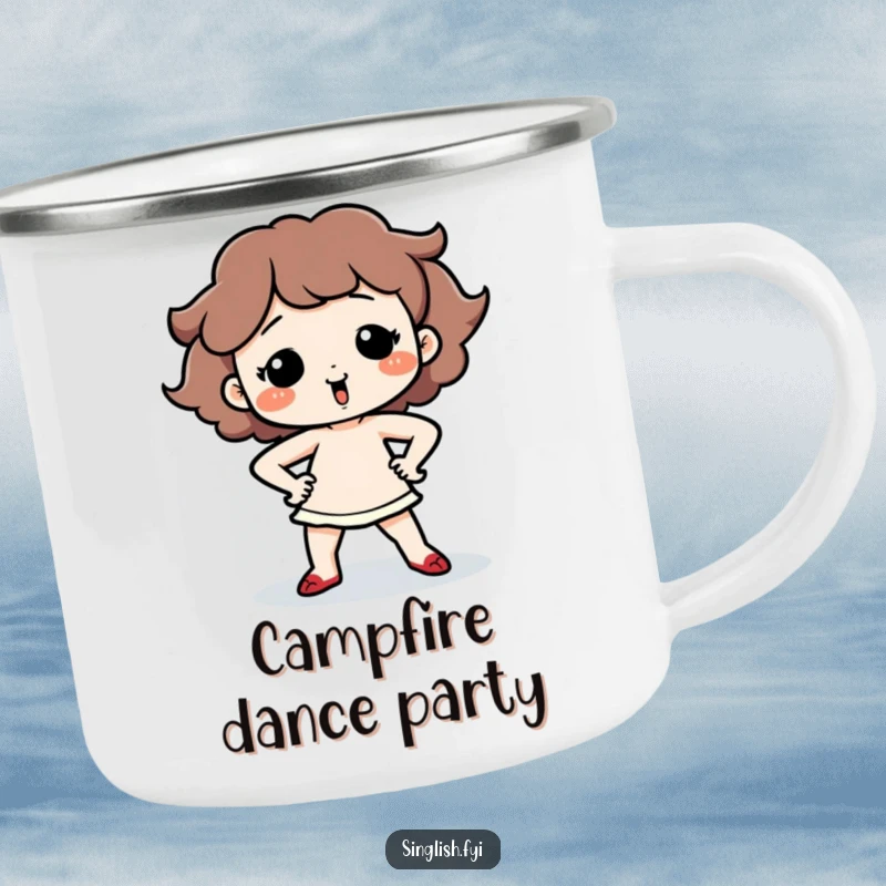 Funny Dancing Character Camping Mug illustrating a cute character performing a silly dance with hands on hips, bringing fun to adventures.
