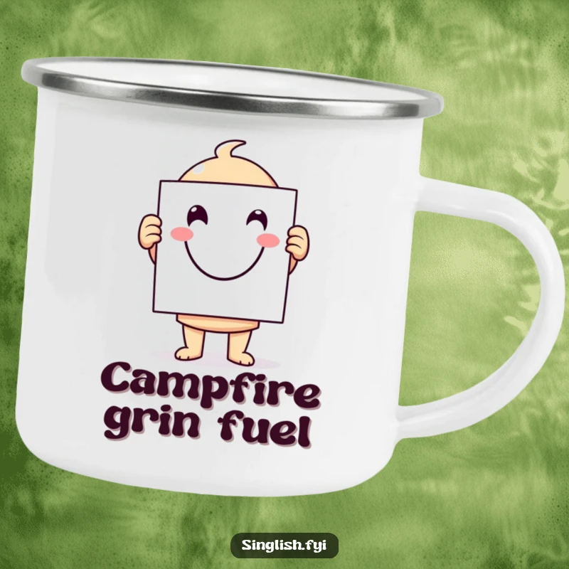 Funny character camping mug holding a large smiley face sign, ideal for durable, cheerful outdoor use.