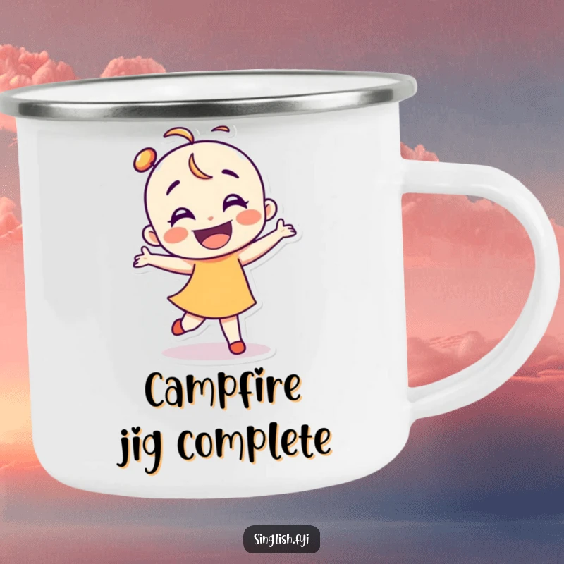 Funny dancer character camping mug featuring a smiling character doing a clumsy dance, perfect for outdoor use.