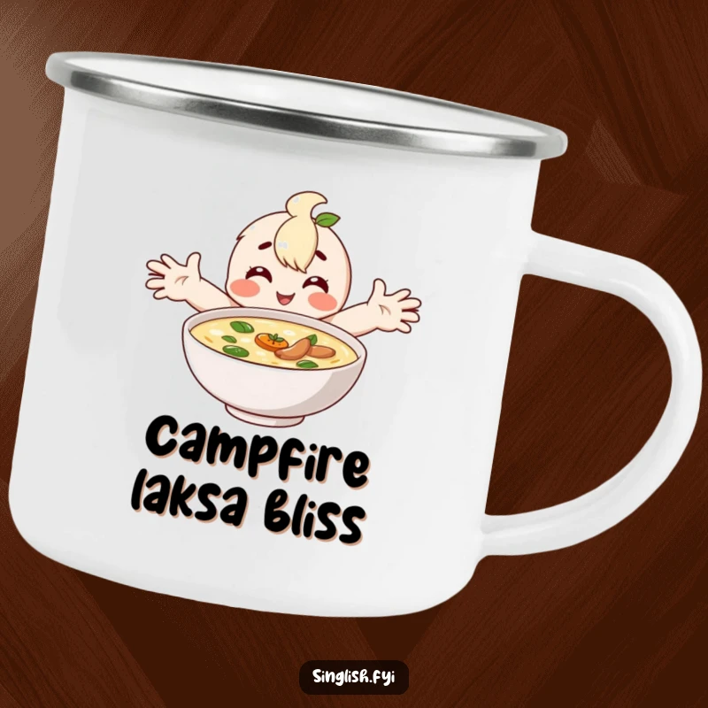 Funny camping mug with a happy character embracing a bowl of laksa, perfect for comforting campfire moments.