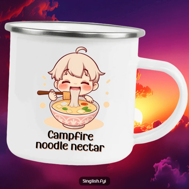 Funny camping mug with a happy character slurping a bowl of lontong soup, designed for outdoor enthusiasts who love food.