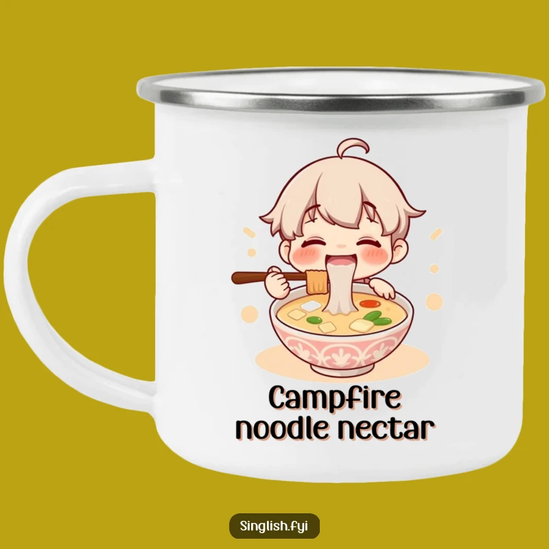 Funny Lontong Soup Camping Mug: Happy Character Slurping Noodles, Outdoor Adventure Gift