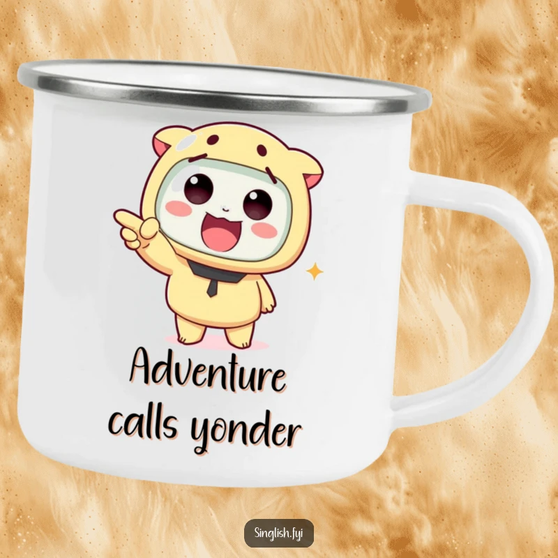 Funny camping mug featuring a cute character pointing, built for adventure and adding a humorous touch to outdoor drinks.