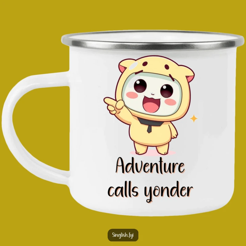 Durable Funny Pointing Character Camping Mug - Adventure Ready Humor!