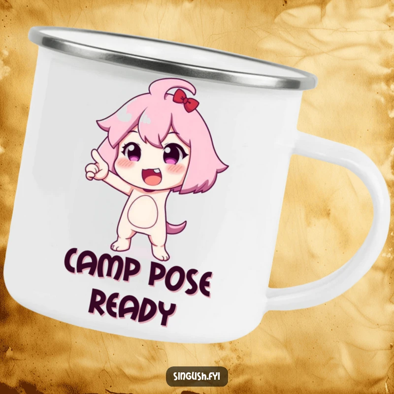 Funny camping mug featuring a character striking an exaggerated pose, built for durability and bringing a humorous, dramatic flair to outdoor drinks.