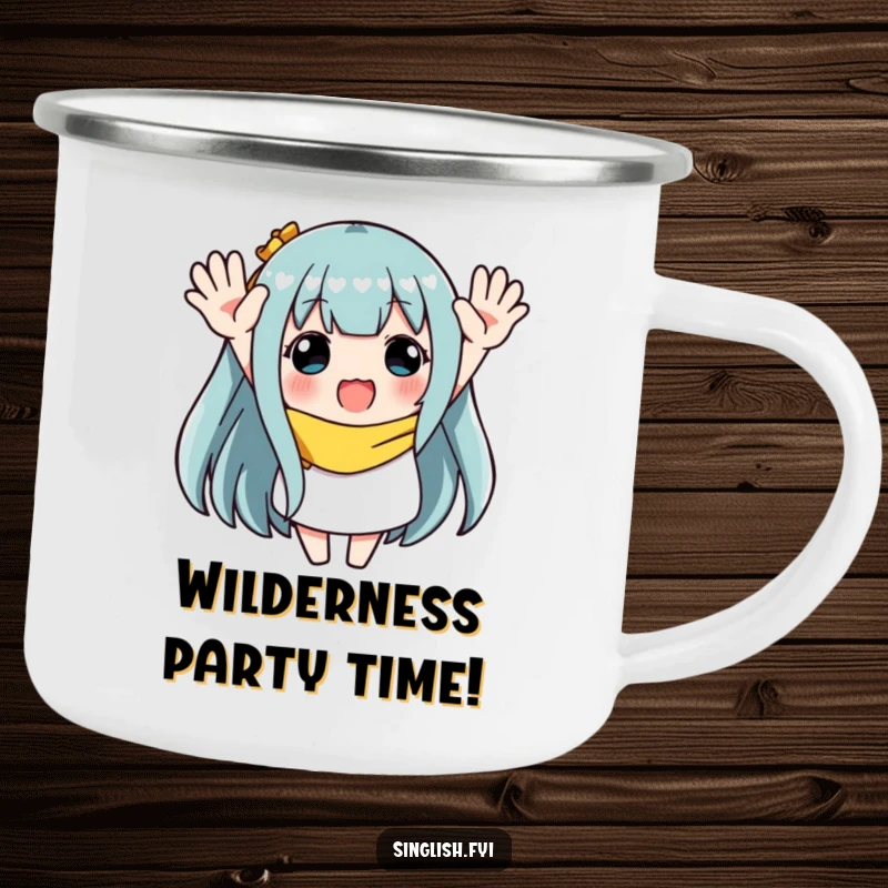 Funny camping mug featuring a character waving both hands, built for durability and bringing a festive, celebratory spirit to outdoor drinks.