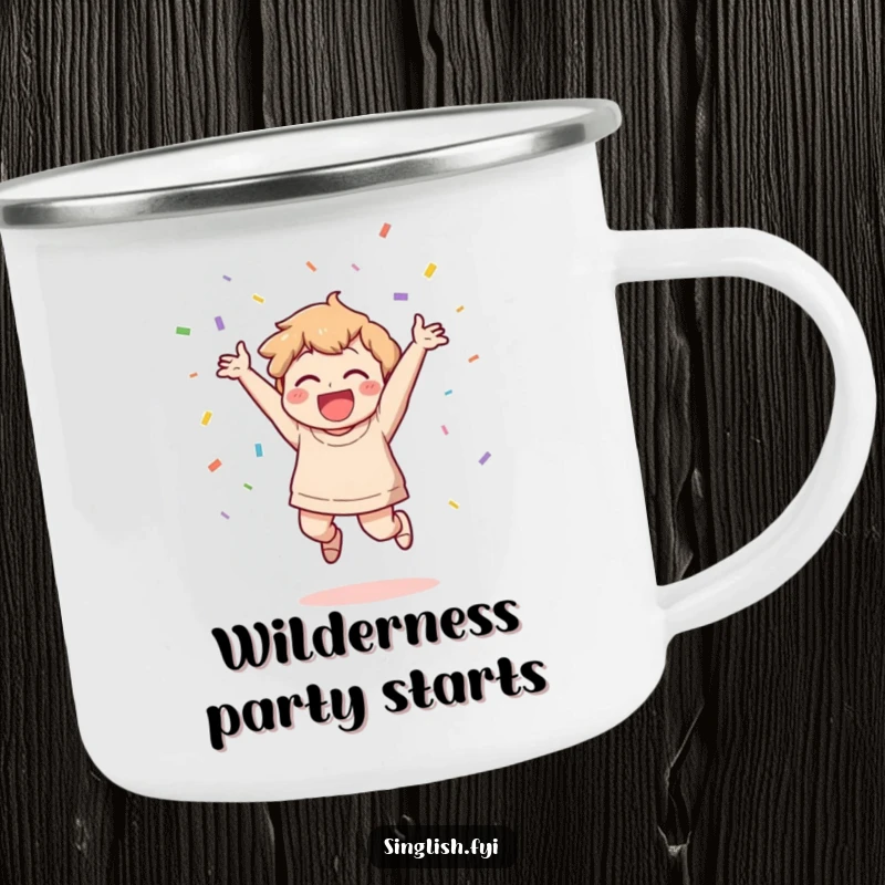 Funny Celebration Camping Mug: A character jumps with glee, throwing confetti, ready for celebration on this funny enamel mug.