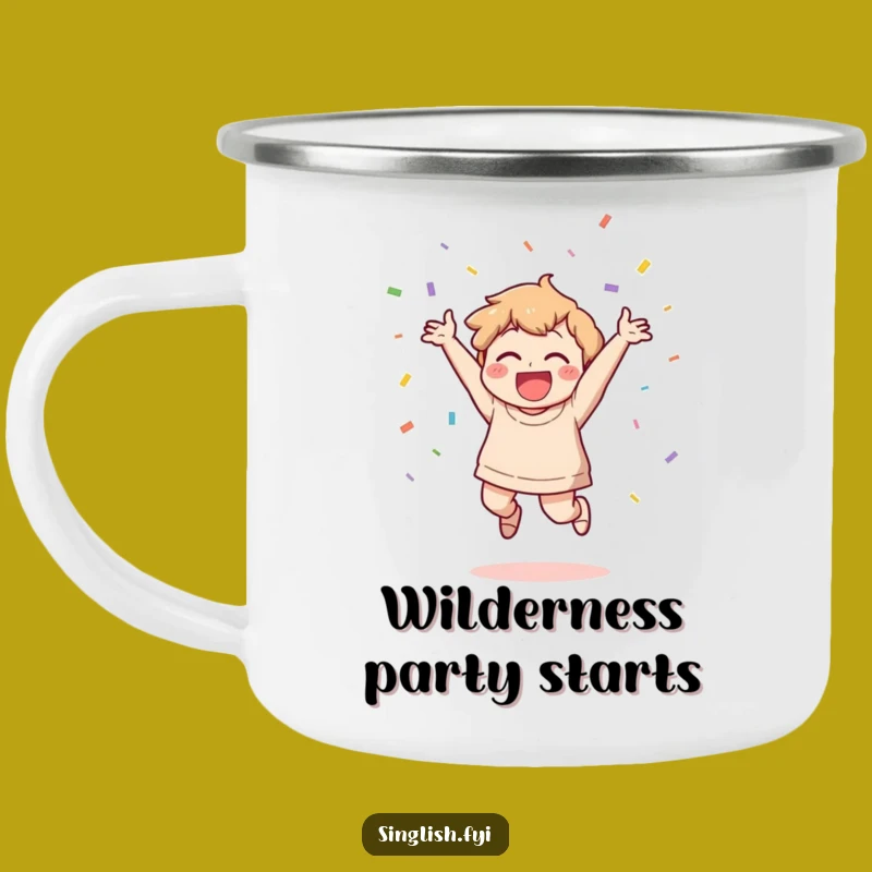 Funny Celebration Camping Mug: Joyful Character Confetti Cup, Perfect Outdoor Gift!