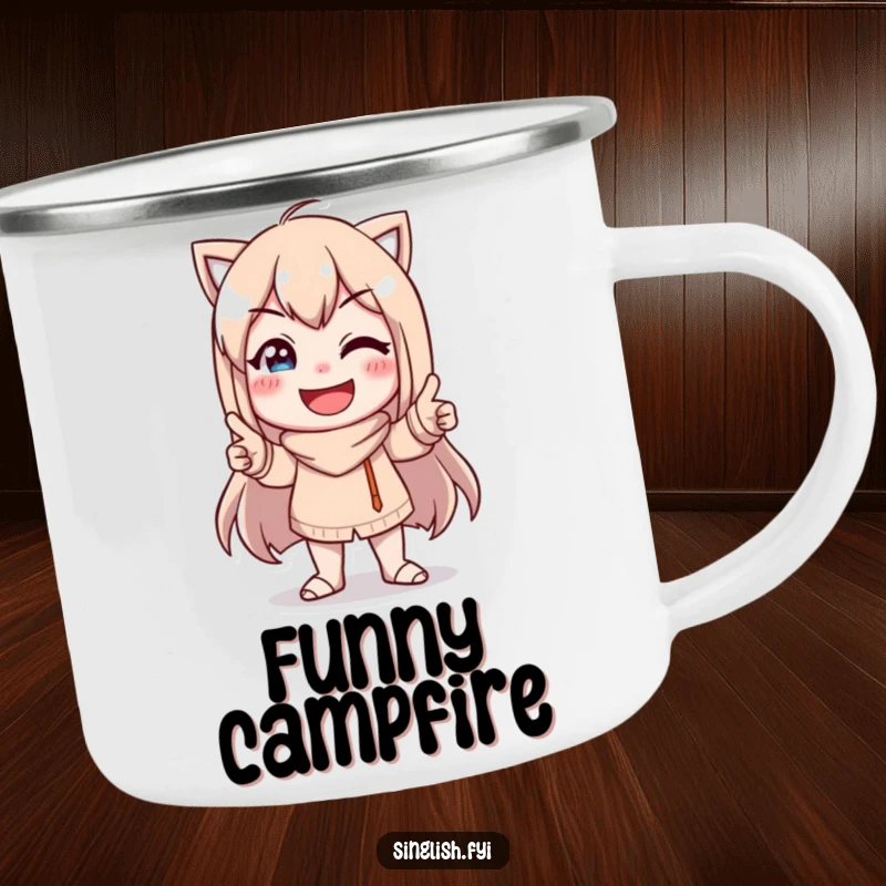 Funny Character Pose Campfire Mug: A sturdy mug featuring a character in a funny pose with a goofy smile, perfect for camping.
