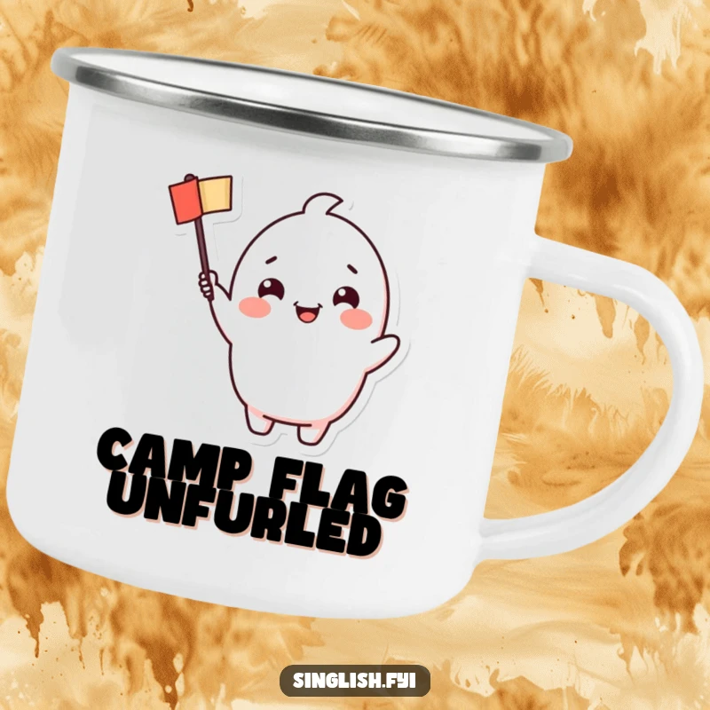 Funny Waving Flag Camping Mug: Sturdy mug featuring a character with a cheerful grin waving a small flag, perfect for outdoor festivity.