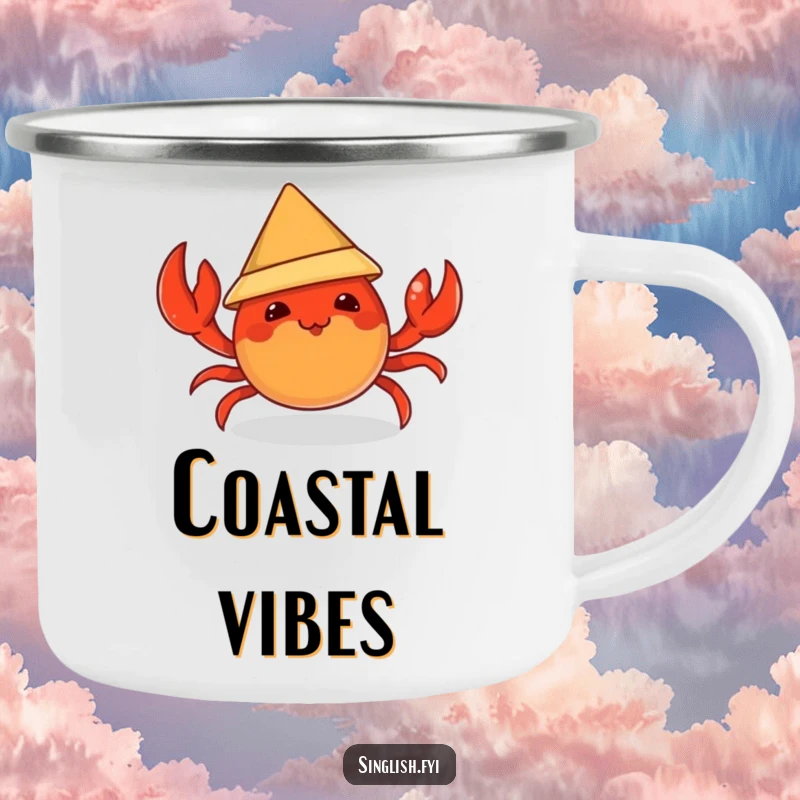 Funny camping mug with a mischievous chili crab character trying on a tiny conical hat, perfect for enjoying beverages outdoors with flair.