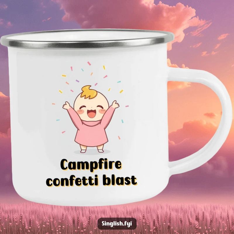 Funny Confetti Thrower Camping Mug featuring a character joyfully tossing confetti, a humorous and durable drinkware.