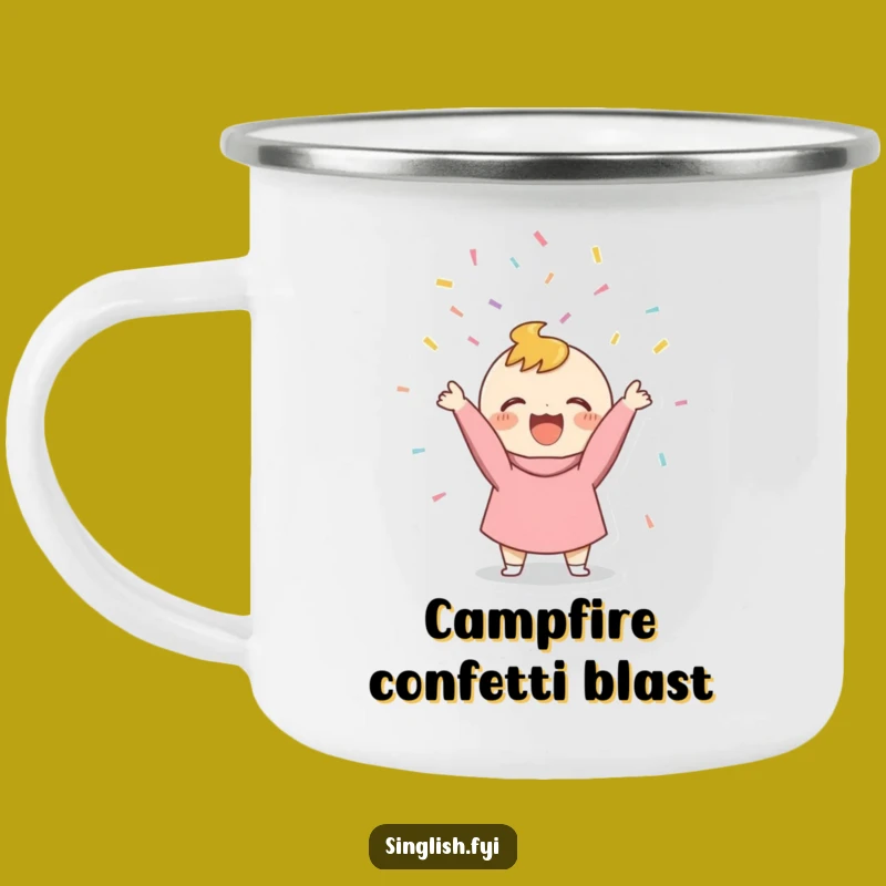 Funny Confetti Thrower Camping Mug: Joyful Character Festive Drinkware Gift