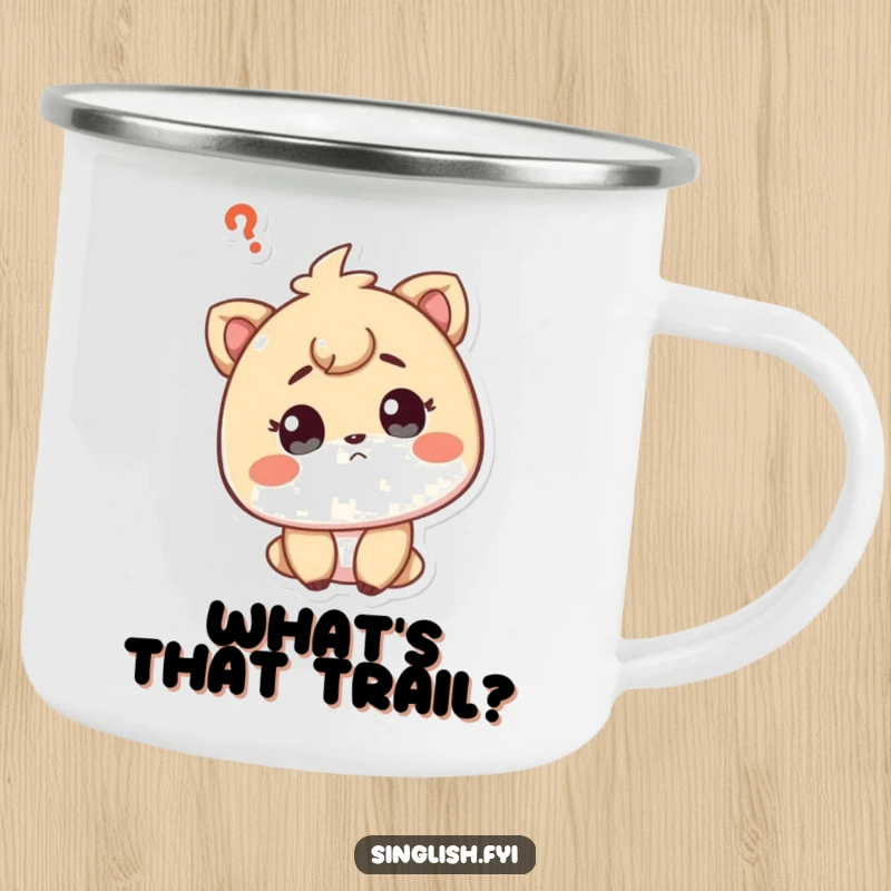 Funny camping mug featuring a curious character tilting their head, questioning expression, perfect for contemplative campers.