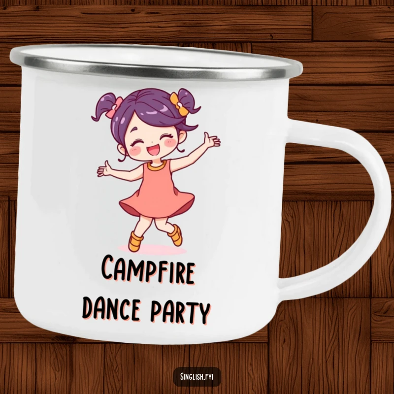 Funny character camping mug dancing energetically with a carefree smile, ideal for durable outdoor use.