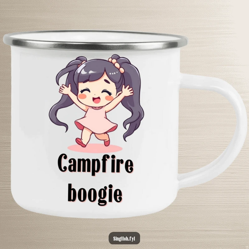 Funny Camping Mug: A character dances energetically with a carefree expression, ideal for adventures with humorous, joyful vibes.