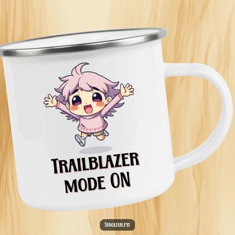 Funny character camping mug in an energetic, comical running pose with flailing arms, ideal for durable outdoor use.