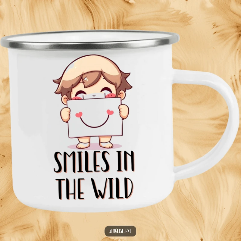 Funny camping mug featuring a character with a huge grin holding a smiley face sign, durable for happy outdoor adventures.