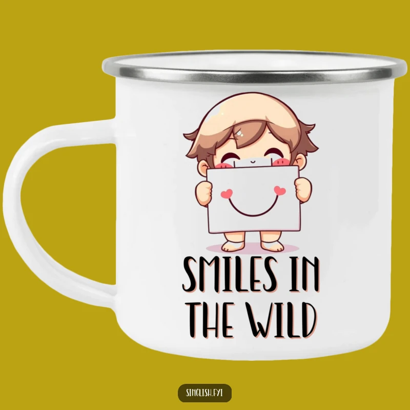 Funny Grinning Character Camping Mug: Happy Trails and Smiles