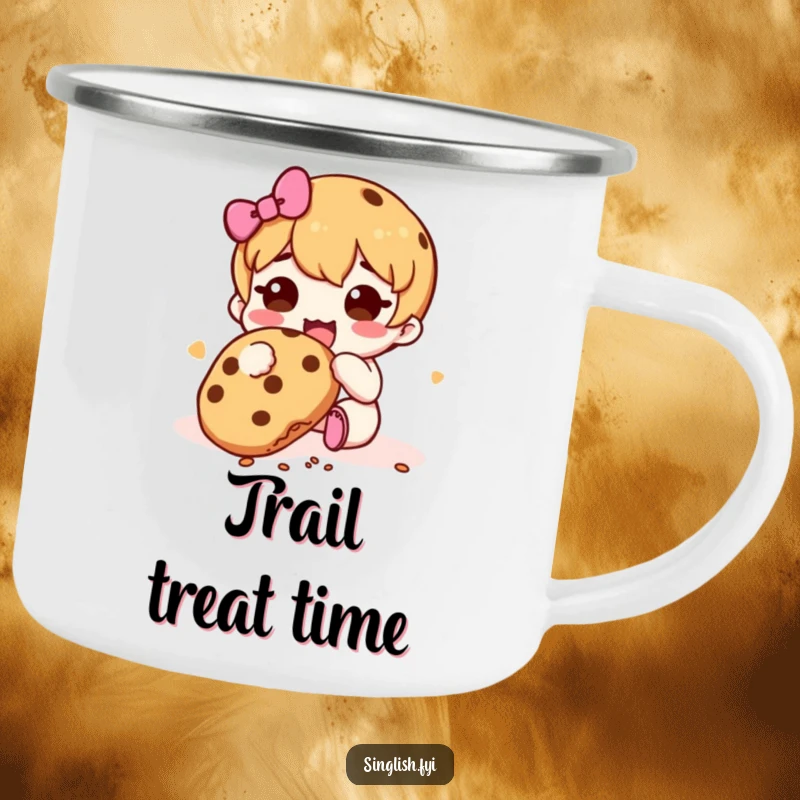 Funny Cookie Muncher Camping Mug: Sturdy mug featuring a character happily munching a cookie with crumbs, perfect for outdoor humor and snacks.