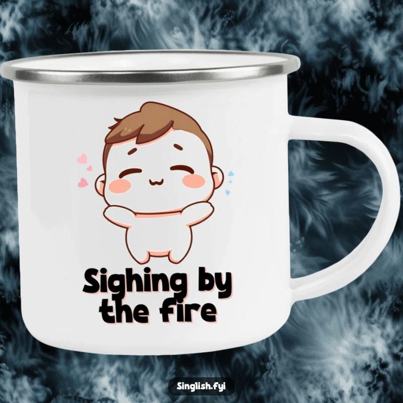 Funny Happy Sigh Camping Mug: A character exhaling a happy sigh with relaxed shoulders, perfect for outdoor drinks with peace.