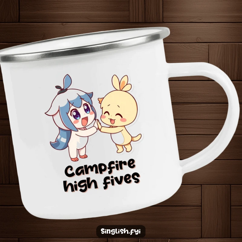 Funny Camping Mug shows two delighted characters with wide eyes joyfully high-fiving, perfect for cheerful outdoor moments.
