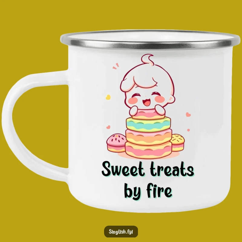 Funny Kuih Balancing Camping Mug: Giggling Character, Outdoor Adventure Gift