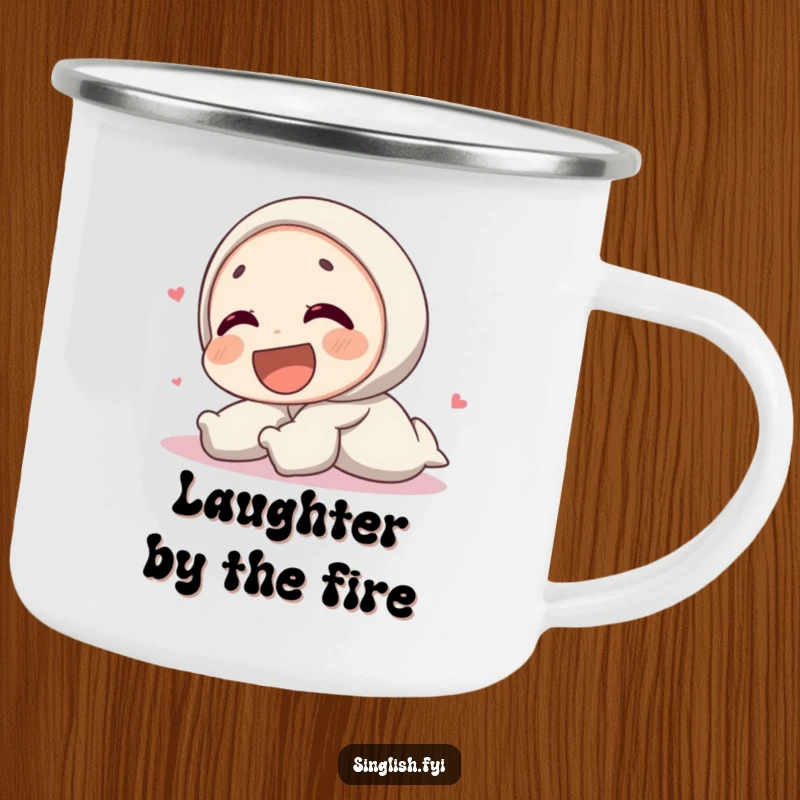 Funny camping mug with a character rolling on the ground laughing, a humorous and durable choice for outdoor fun.