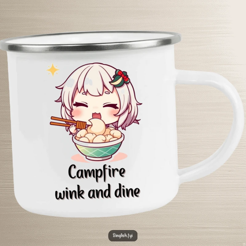 Funny camping mug featuring a character giving a playful wink while holding a plate of mee goreng, designed for food-loving explorers.