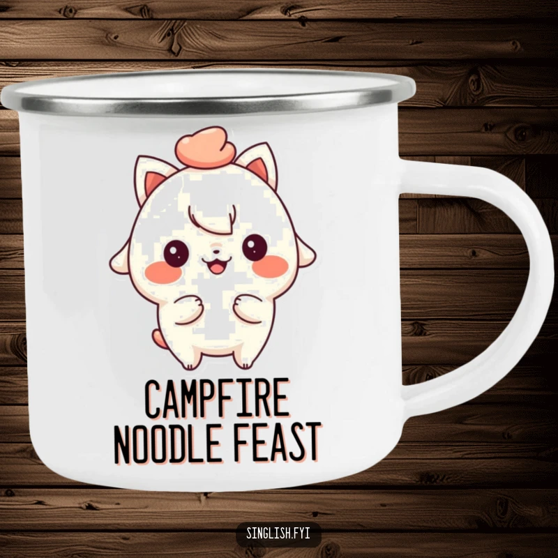 Funny camping mug featuring a playful character with a cheeky smile, holding mee pok, perfect for outdoor noodle lovers.