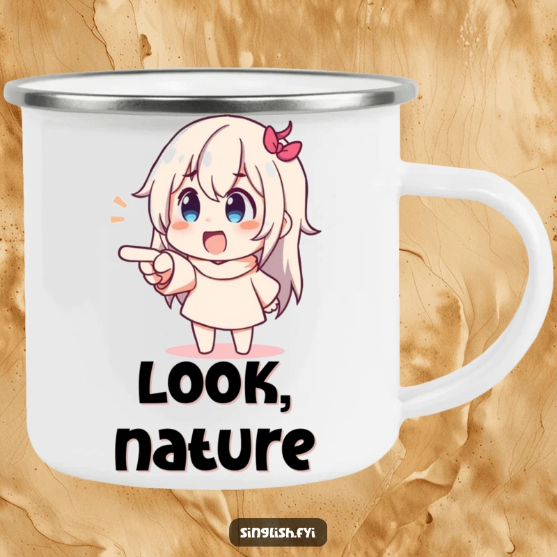 Funny Pointing Character Camping Mug featuring a character pointing with exaggerated delight, celebrating outdoor discoveries humorously.