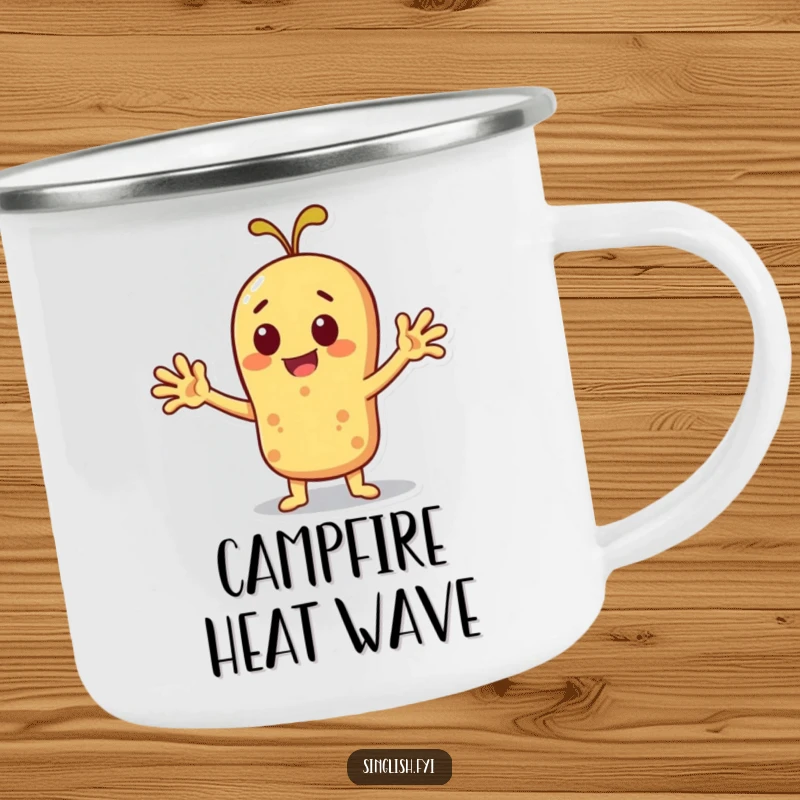 Funny roti character fanning itself with outstretched arms, on a rugged camping mug.