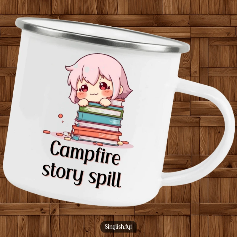 Funny Book Knockover Camping Mug: Sturdy mug featuring a sheepish character by fallen books, perfect for outdoor humor and beverages.