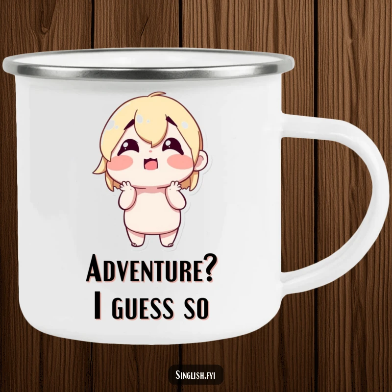 Funny Shrugging Character Camping Mug illustrating a cute character shrugging with a confused but happy expression, bringing humor to the outdoors.