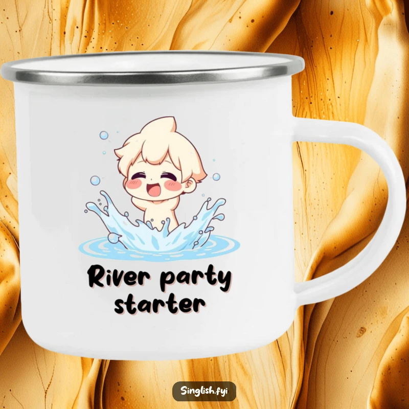 Funny Camping Mug: Character gleefully splashing water, ready for outdoor fun. A humorous and durable gift.