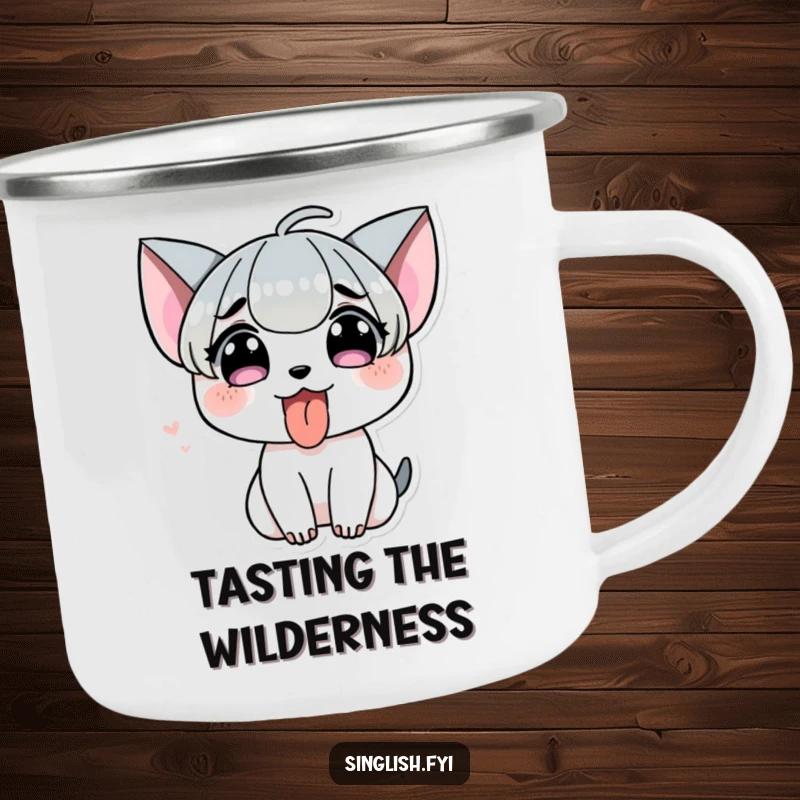 Funny Tongue Out Camping Mug: A character playfully sticking its tongue out, perfect for outdoor drinks with humor.