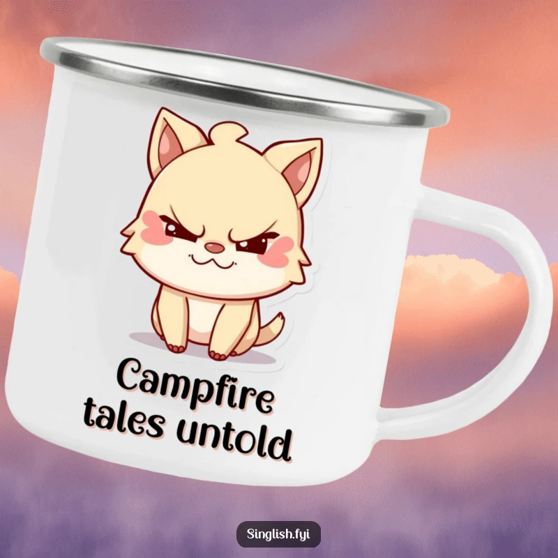 Funny camping mug with a mischievous character giving a playful wink, ideal for outdoor enthusiasts and humor lovers.